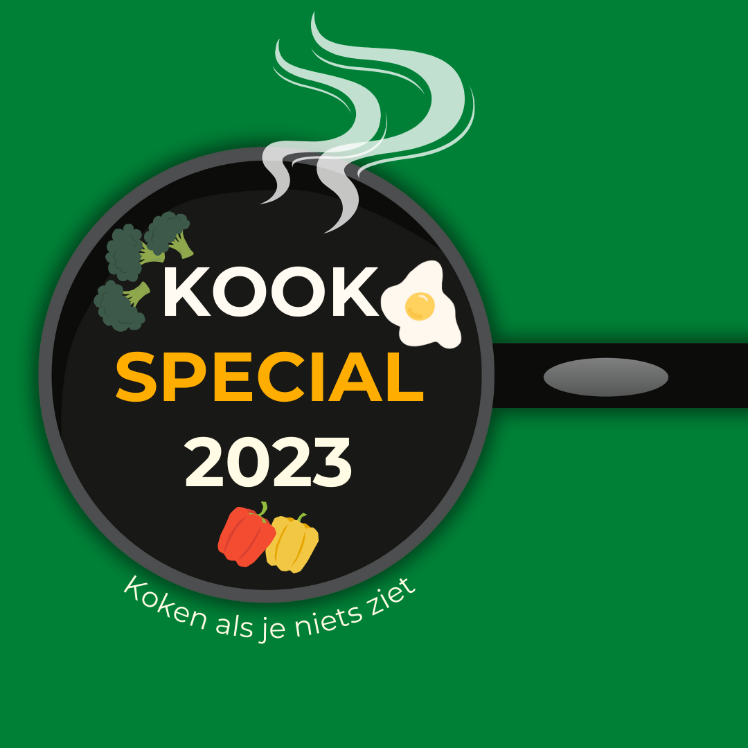 Zwarte getekende koekenpan tegen een groene achtergrond. In de pan de titel 'Kookspecial 2023', een ei, twee paprika's en broccoli.
