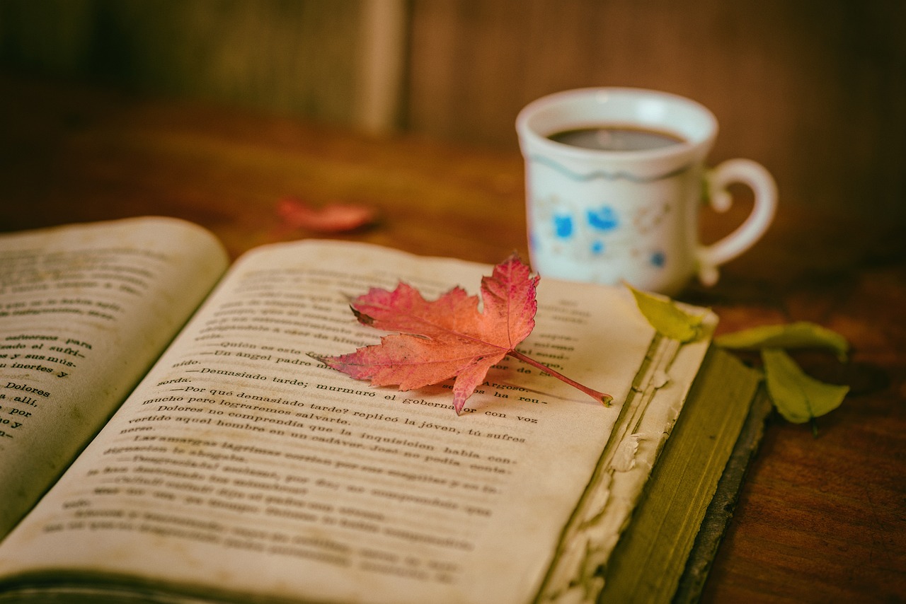 Openliggend boek met herfstblaadje tussen de pagina's, een kop koffie ernaast