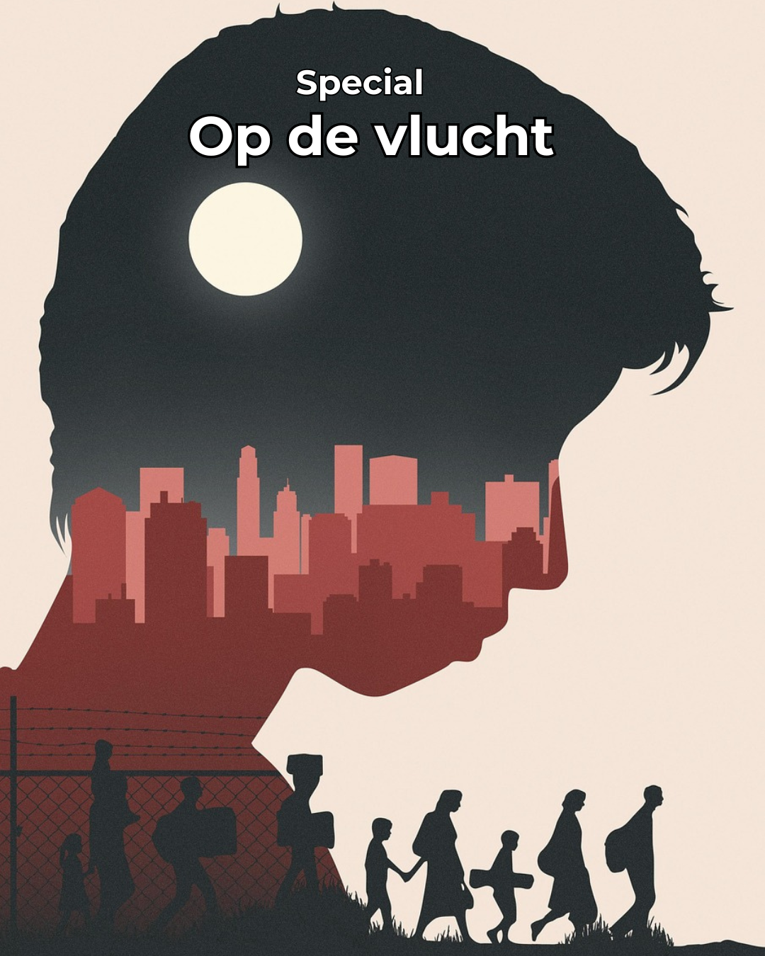 Links in beeld het hoofd van een kind, in silhouet en en profil. In het silhouet is de skyline van een stad te zien, tegen een donkere hemel met daarin een maan. op de voorgrond, eveneens in silhouet, een aantal met tassen en rugzakken bepakte mensen die van de ene kant van de afbeelding naar de andere kant lopen.  